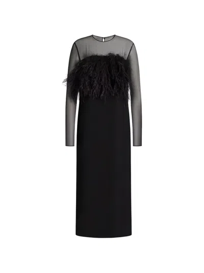 Alberta Ferretti Feather-detail Sheer-panel Midi Dress In Black