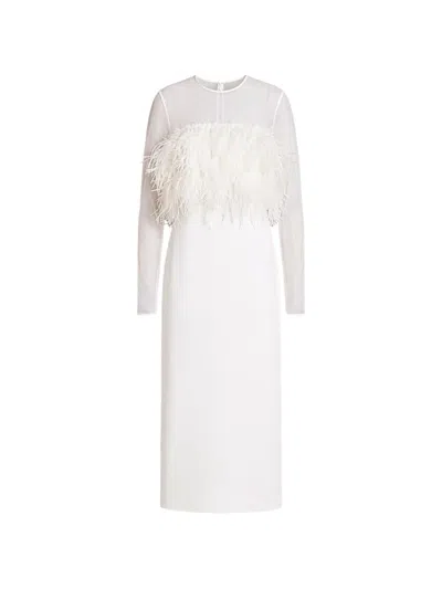 Alberta Ferretti Feather-detail Sheer-panel Midi Dress In White