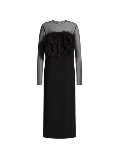 Alberta Ferretti Feather-embellished Enver Satin Midi Dress In Black
