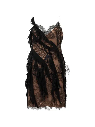 Alberta Ferretti Feather-embellished Lace-insert Mini Dress In Multi