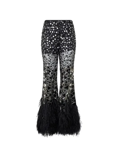 Alberta Ferretti Feather-trim Embellished Trousers In Black