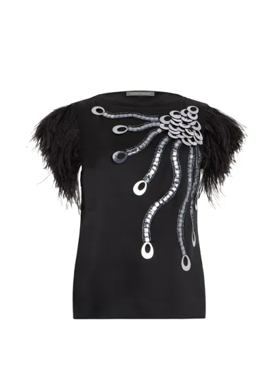 Alberta Ferretti Feather-trim Metallic-embellished T-shirt In Black