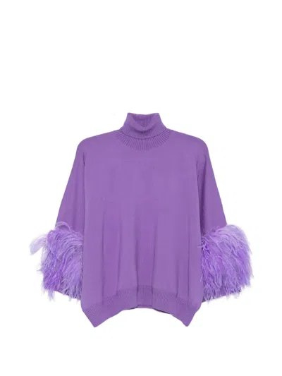 Alberta Ferretti Feather-trim Roll-neck Sweater In Purple