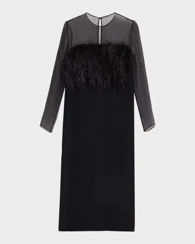 Alberta Ferretti Feather-trim Sheer Long-sleeve Enver Satin Midi Dress In Black