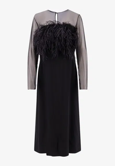 Alberta Ferretti Feather-trimmed Midi Dress In Black