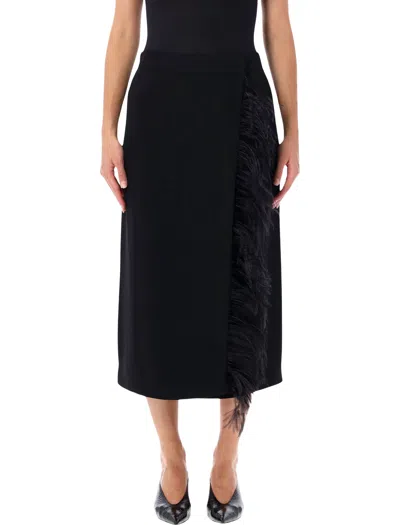 Alberta Ferretti Feather-trimmed Midi Skirt In Black