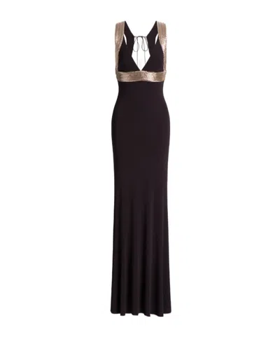 Alberta Ferretti Fitted Long Gown With Contrasting Embroidered Details In Black
