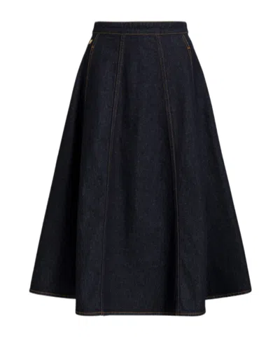 Alberta Ferretti Flared Denim Midi Skirt With Af Logo In Blue