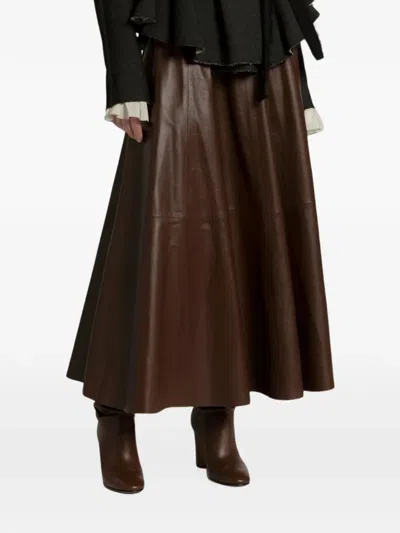 Alberta Ferretti Flared Leather Maxi Skirt In Brown
