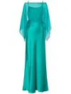 Alberta Ferretti Satin Evening Dress With Flowing Chiffon Cape In Green