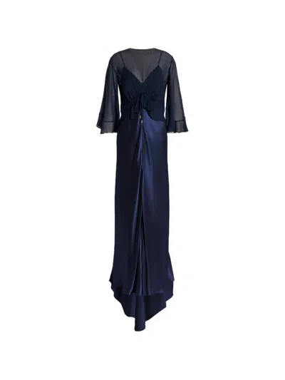 Alberta Ferretti Shiny Satin Long Dress With Cape In Multi
