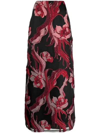 Alberta Ferretti Floral-appliqué Jacquard Midi Skirt In Black