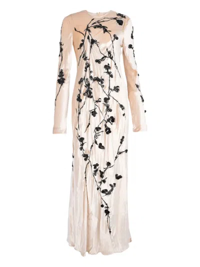 Alberta Ferretti Floral-appliqué Maxi Dress In Neutral