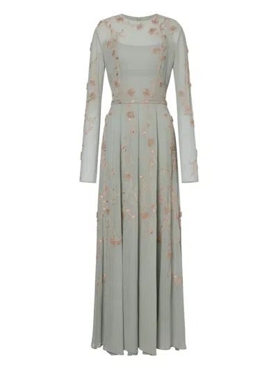 Alberta Ferretti Floral-embroidered Dress In Gray