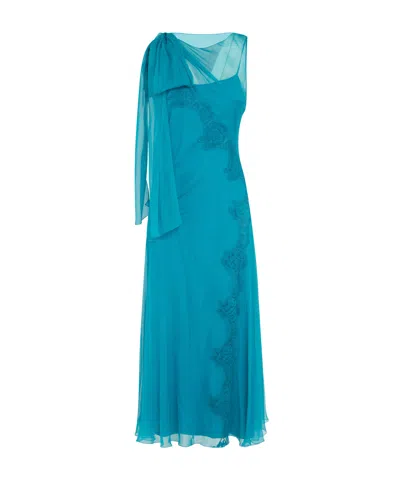 Alberta Ferretti Floral-lace Detailed Semi-sheer Midi Dress In Blue