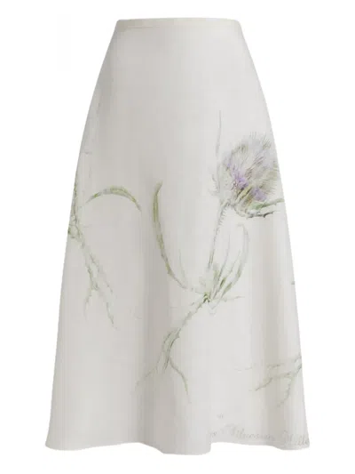 Alberta Ferretti Linen Skirt With Thistle Print In White