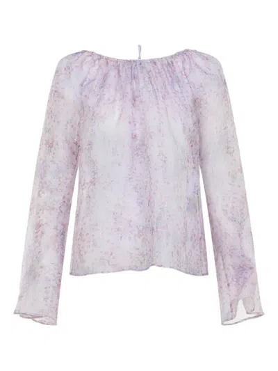 Alberta Ferretti Organza Blouse Floral Motif Elastic Neckline In Pink
