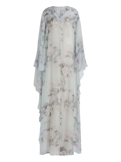 Alberta Ferretti Floral-print Cape Maxi Dress In Gray