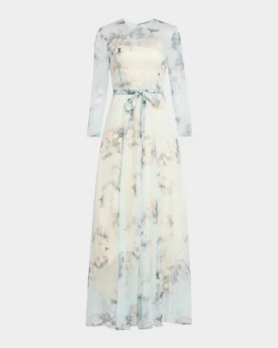 Alberta Ferretti Floral-print Chiffon Long-sleeve Maxi Dress In White