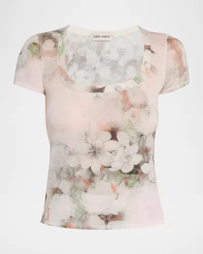 Alberta Ferretti Floral-print Lightweight Merino Wool Short-sleeve Sweater In Animal Print