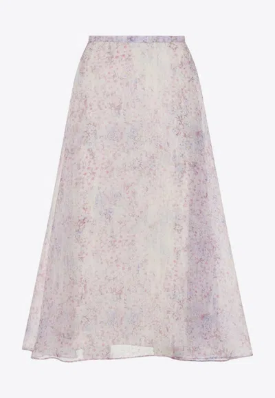Alberta Ferretti Pastel Floral Print Midi Skirt In Sheer Organza In Pink