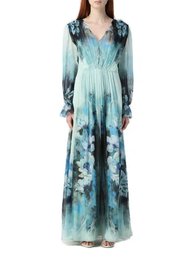 Alberta Ferretti Floral Printed Pleated Midi Dress In Multi