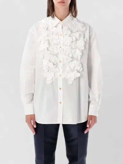 Alberta Ferretti Floral Shirt Relaxed Fit Ruffled Front In White