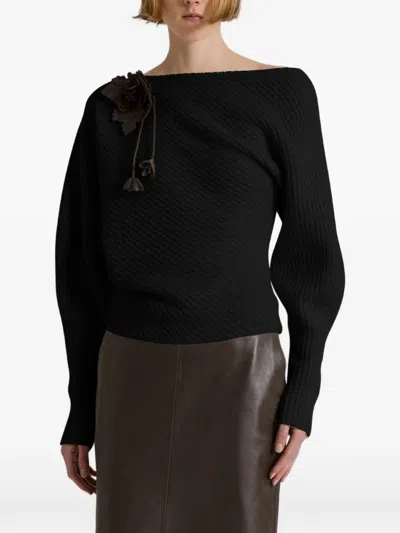 Alberta Ferretti Gerippter Strickpullover Mit Blumenapplikation In Black