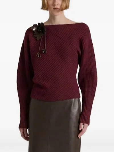 Alberta Ferretti Floral-applique Ribbed-knit Sweater In Brown