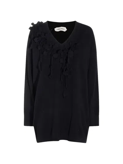 Alberta Ferretti Floral-appliqué V-neck Mini Dress In Black