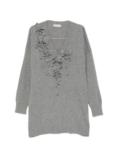 Alberta Ferretti Floral-appliqué V-neck Sweater In Gray