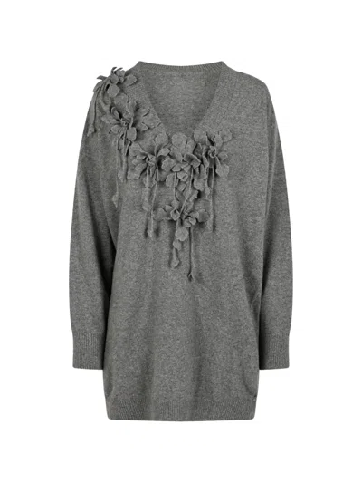 Alberta Ferretti Floral-appliqué Wool Mini Dress In Gray