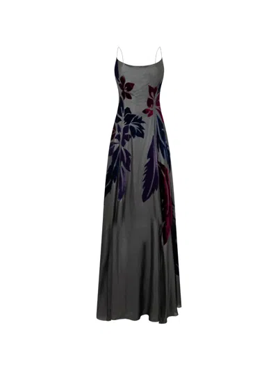 Alberta Ferretti Floral-devoré Spaghetti-strap Flared Maxi Dress In Gray