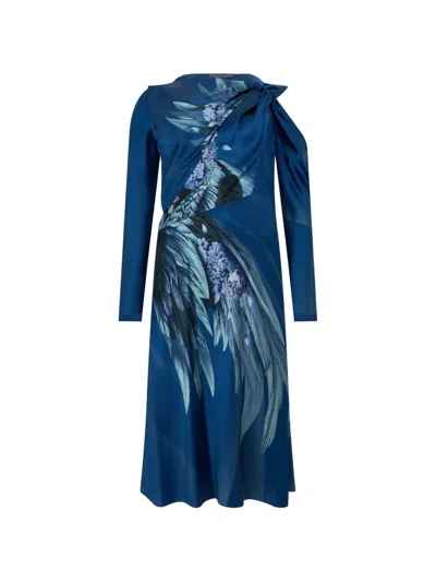Alberta Ferretti Floral-print Long-sleeved Draped Flared Midi Dress In Blue