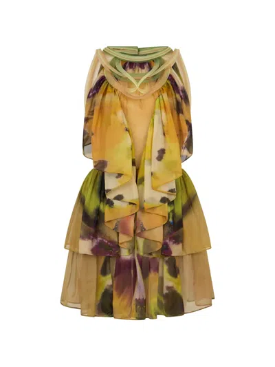 Alberta Ferretti Floral-print Ruffled Mini Dress In Brown