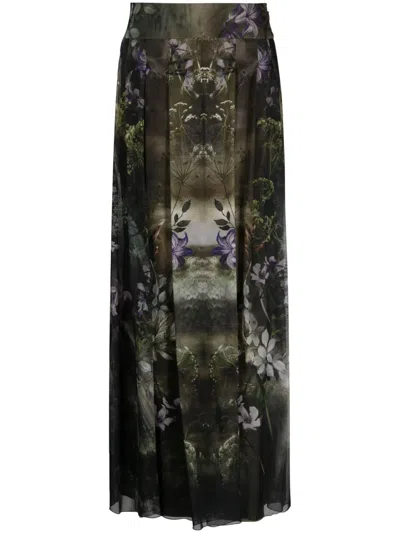 Alberta Ferretti Flower Bomb-print Silk Skirtt In Green