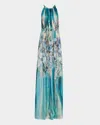 Alberta Ferretti Flower-print Pleated Chiffon Halter Gown In Blue