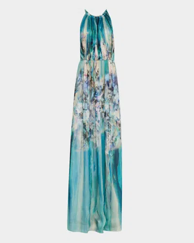 Alberta Ferretti Flower-print Pleated Chiffon Halter Gown In Blue