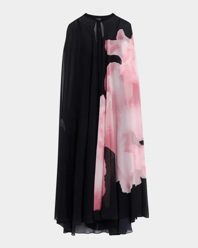 Alberta Ferretti Flower Silk Georgette High-low Cape Gown In Black
