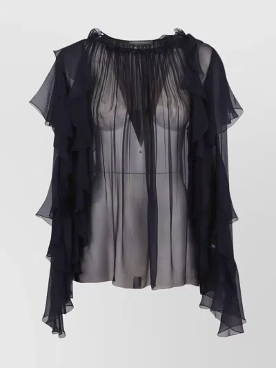 Alberta Ferretti Flowing Chiffon Shirt With Flounces In Blu