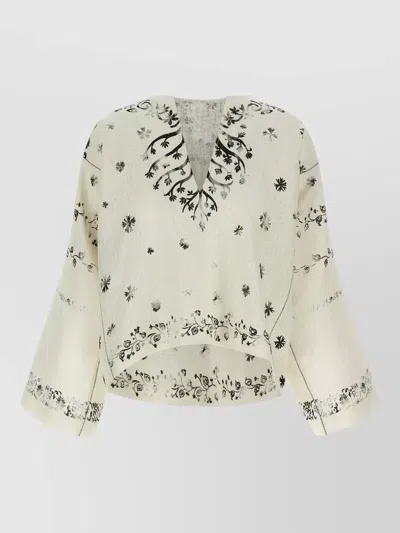 Alberta Ferretti Fortuny V Neck Floral Lightweight Jacket In White