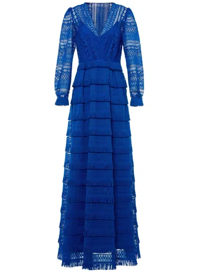 Alberta Ferretti Fringe Macrame Maxi Dress In Blue