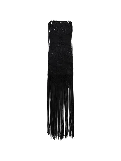 Alberta Ferretti Fringe-detail Macramé Dress In Black