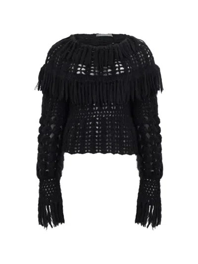 Alberta Ferretti Fringe-detail Open-knit Sweater In Black