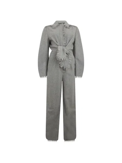 Alberta Ferretti Fringe-trimmed Belted Jumpsuit In Gray