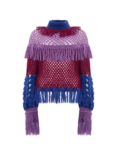 Alberta Ferretti Fringe-trimmed Open-knit Sweater In Purple