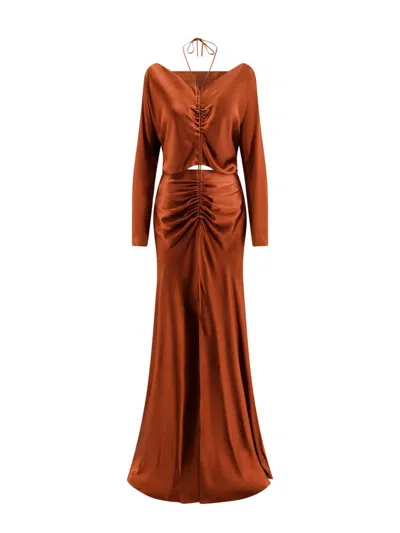 Alberta Ferretti Gathered Detailed Midi Satin Dress In Brown