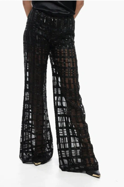 Alberta Ferretti Georgette Pants With Embroidered Check Motif In Black
