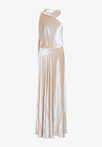 Alberta Ferretti Velvet Long Dress Draped Detail In Neutral