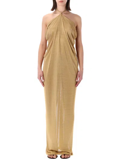 Alberta Ferretti Long Evening Dress Lurex Halter Neck In Neutral